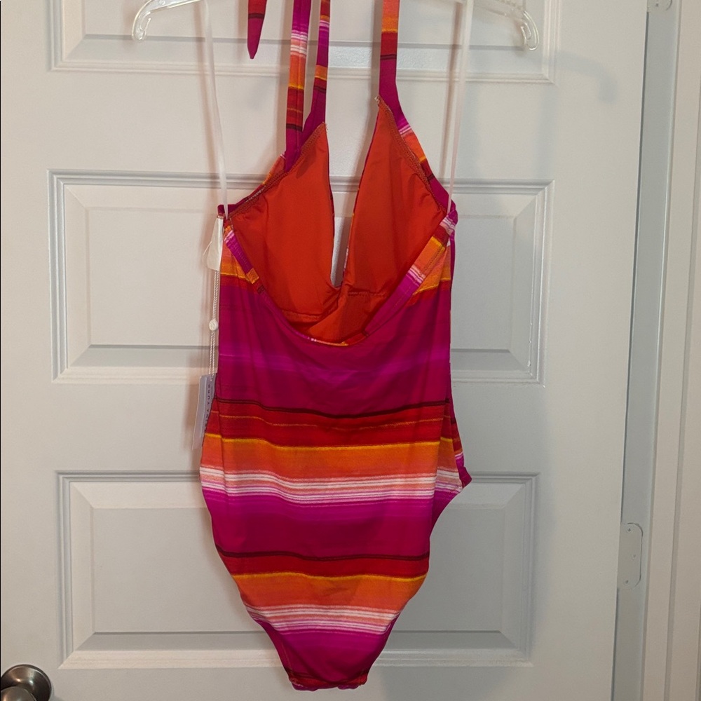 Trina Turk Solstice Pink Multi Halter Plunge Striped One Piece  SZ 14 vacay NWT - Picture 2 of 14